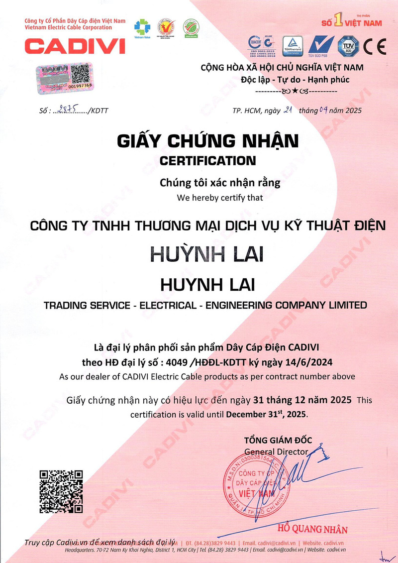 Giấy chứng nhận Huỳnh Lai là đại lý phân phối chính hãng dây cáp điện CADIVI
